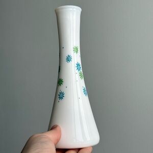 Vintage Atomic Green & Blue Daisies Milk Glass Flower Vase Mid Century Modern